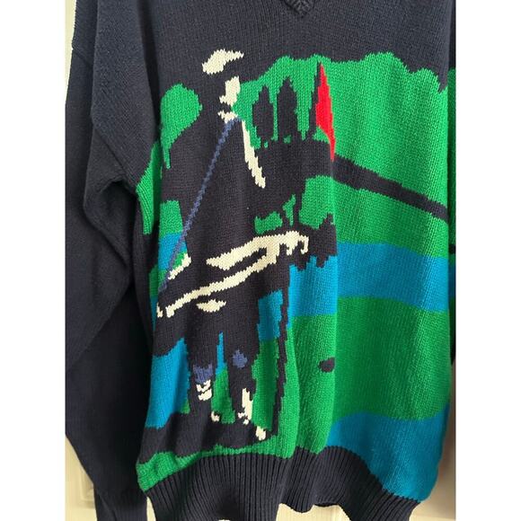 Vintage John Ashford Men's Blue Green Cotton Golf V-Neck Sweater Size Large - Picture 4 of 6